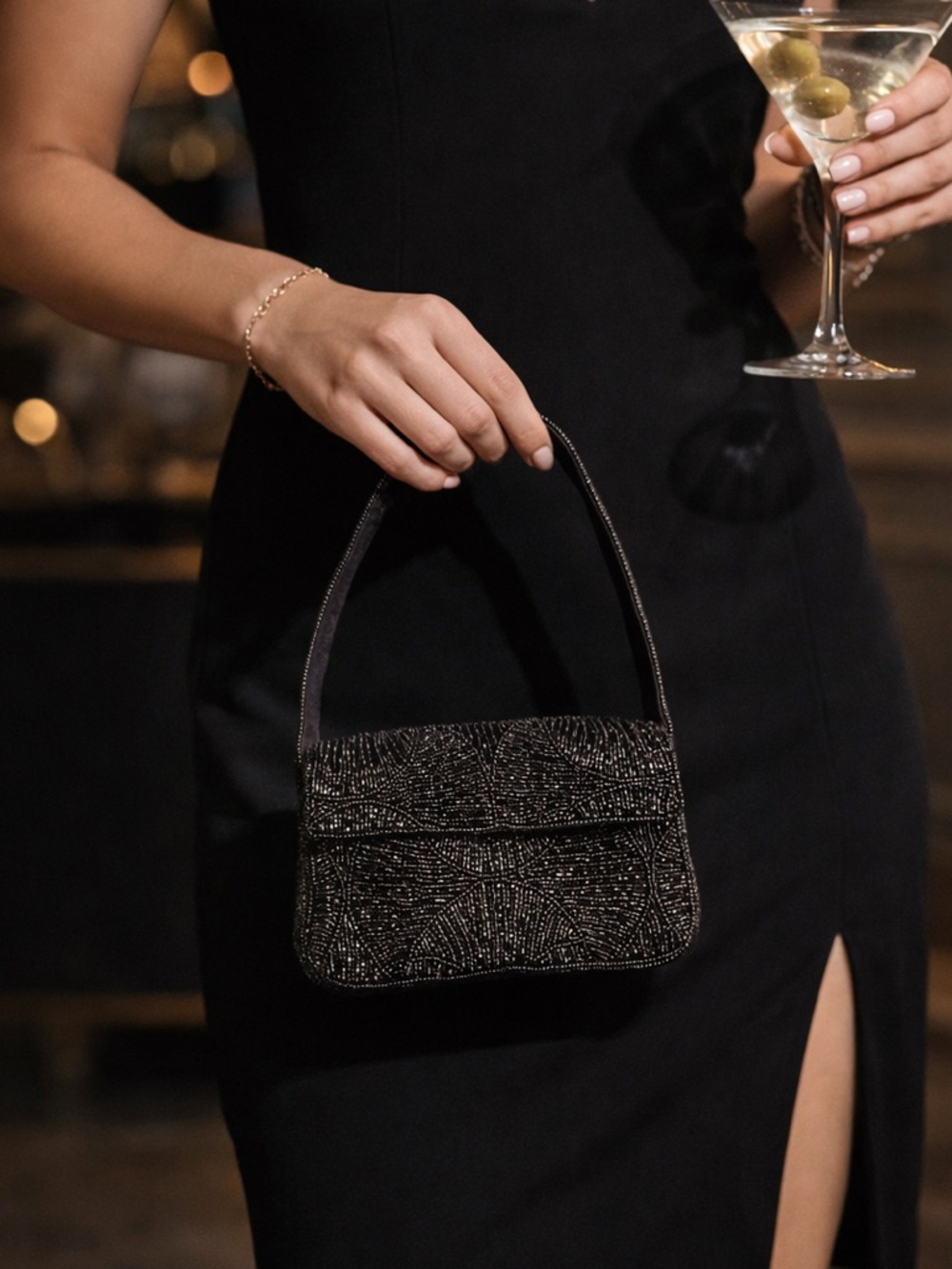Anthropologie Black Beaded Evening Bag Gatsby Cocktail Purse”